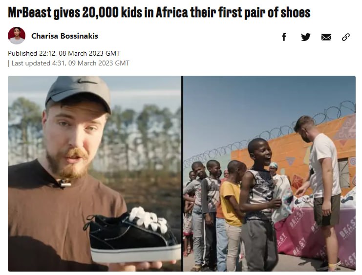 Король Youtube под ником Mr. Beast раздал африканцам 20 000 пар обуви